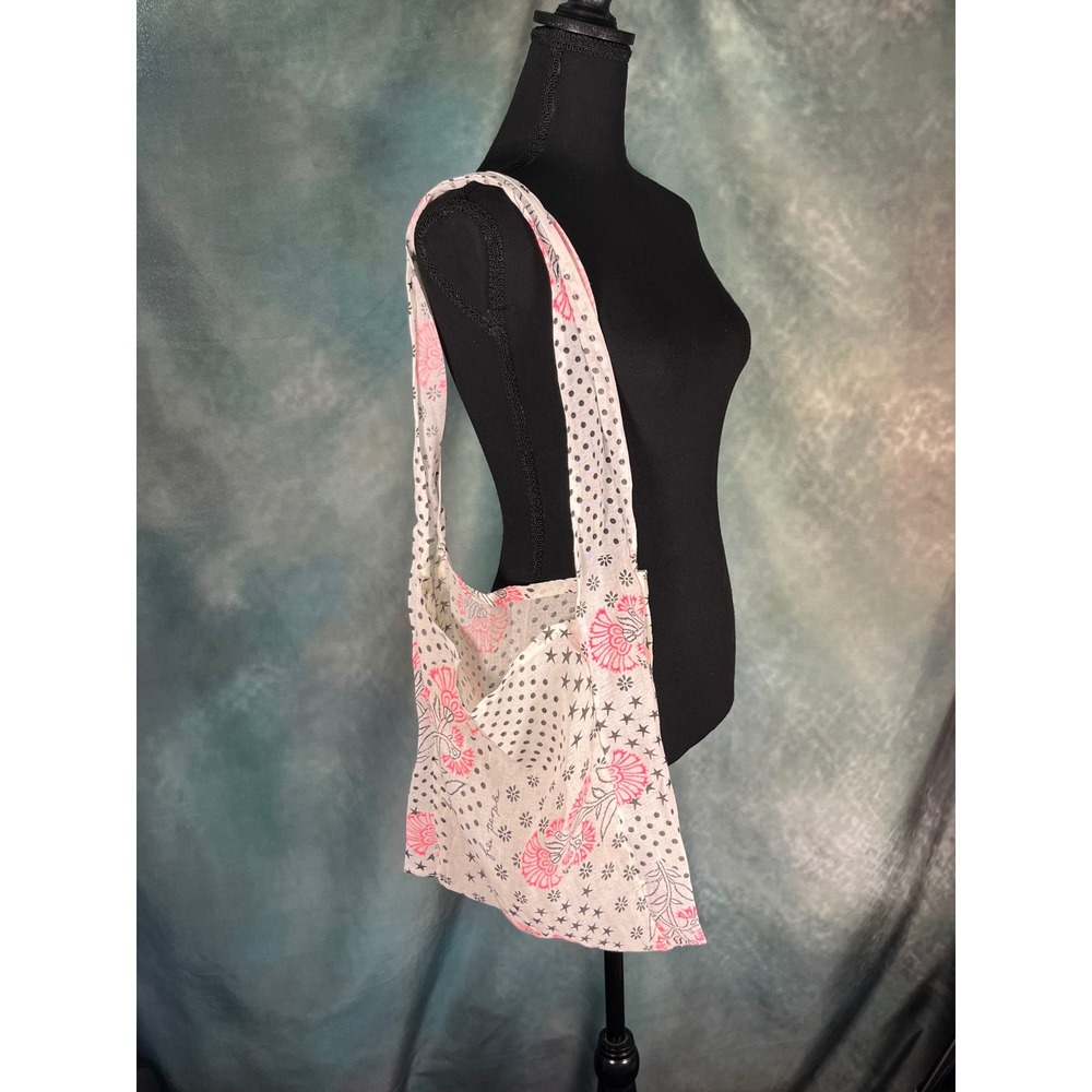 Free People Pink Floral Polka Dot Star Print Cotton Hobo Shoulder Bag Tote